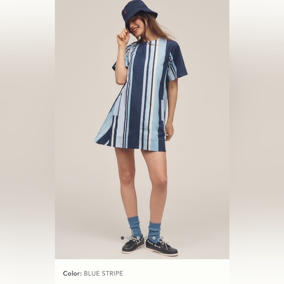 NWT new SP small petite Anthropologie Maeve Emmy swing dress blue stripe pockets - Picture 1 of 17